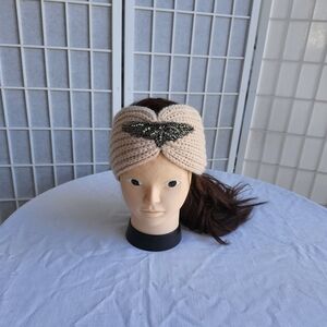 By Antropologie Beige Knitted Headband with Black Embellishment